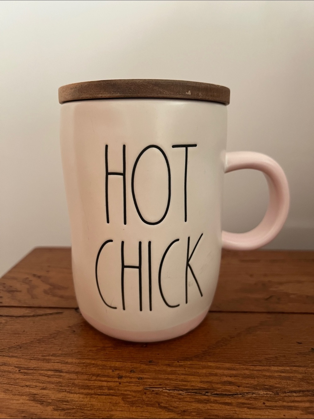 Rae Dunn Hot Chick Ceramic Mug with Pink Handle and Brown Lid